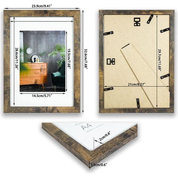 LOKCASA A4 Photo Frames Set of 6,Matted For 6x8 or Display A4 without Mount,Glass Window,Tabletop or Wall Mount,Distressed White,Rustic Brown and Distressed Brown Multicolour, 3