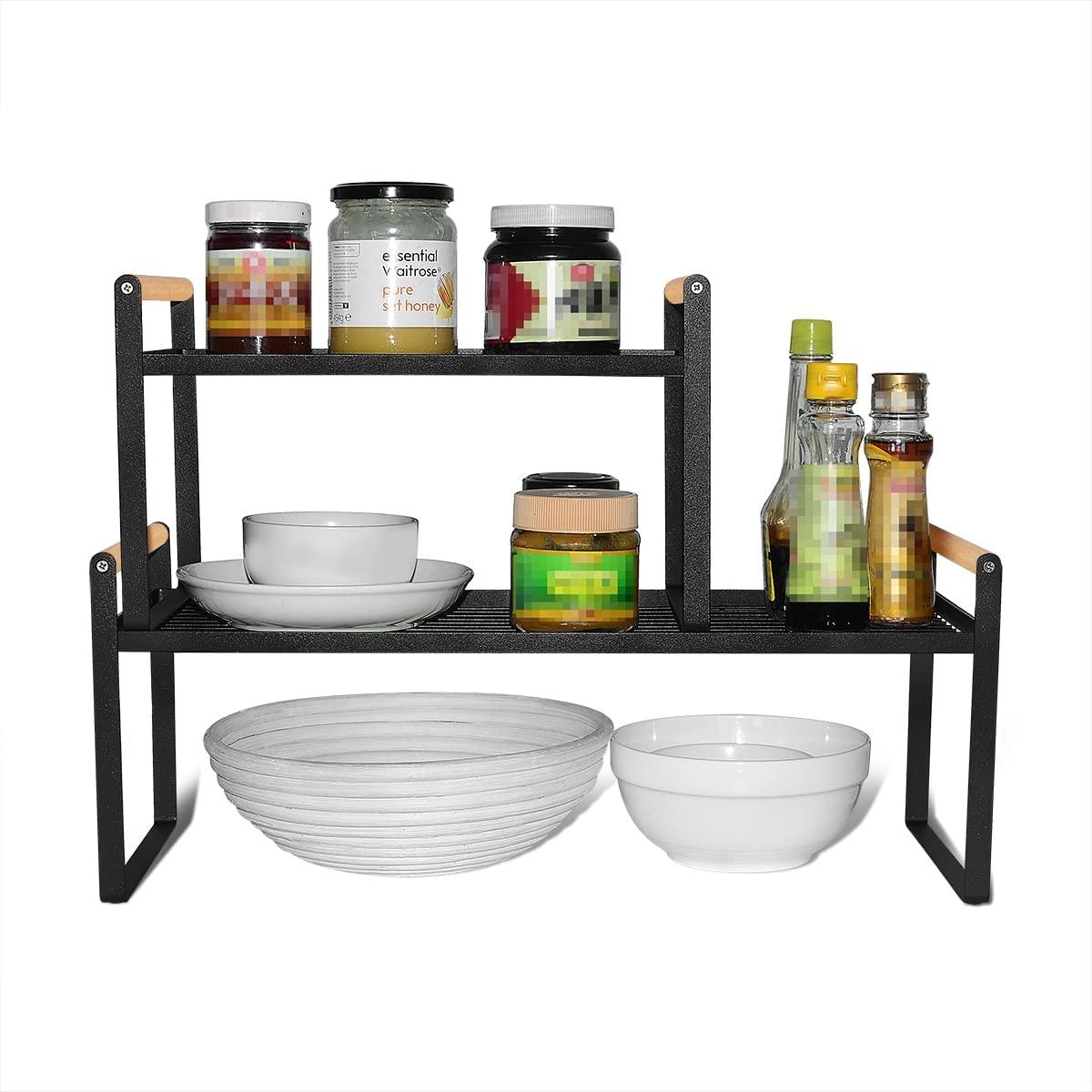 Thrarise Set of 2 Kitchen Racks, Spice Racks, Iron and Wooden Handle, Suitable for Home, Kitchen and Kitchen Cupboard Organiser, Shelf Insert, Black (35 x 21 x 20) + (53 x 21 x 20)