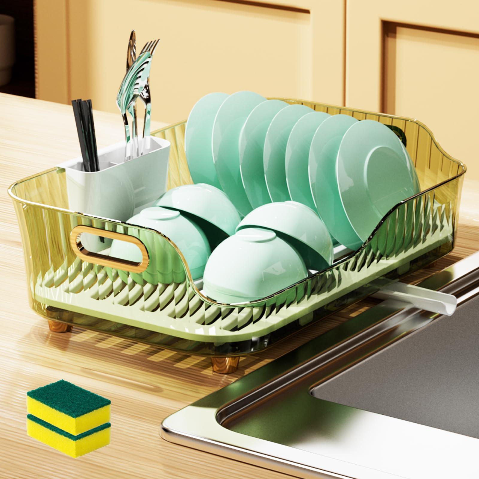 GlSAKE Kitchen Dish Drainer Rack With Removable Drip Tray Utensil Drying Holder Washing Up Drainer Rack Plate Organiser for Kitchen Cupboard (Green) 0