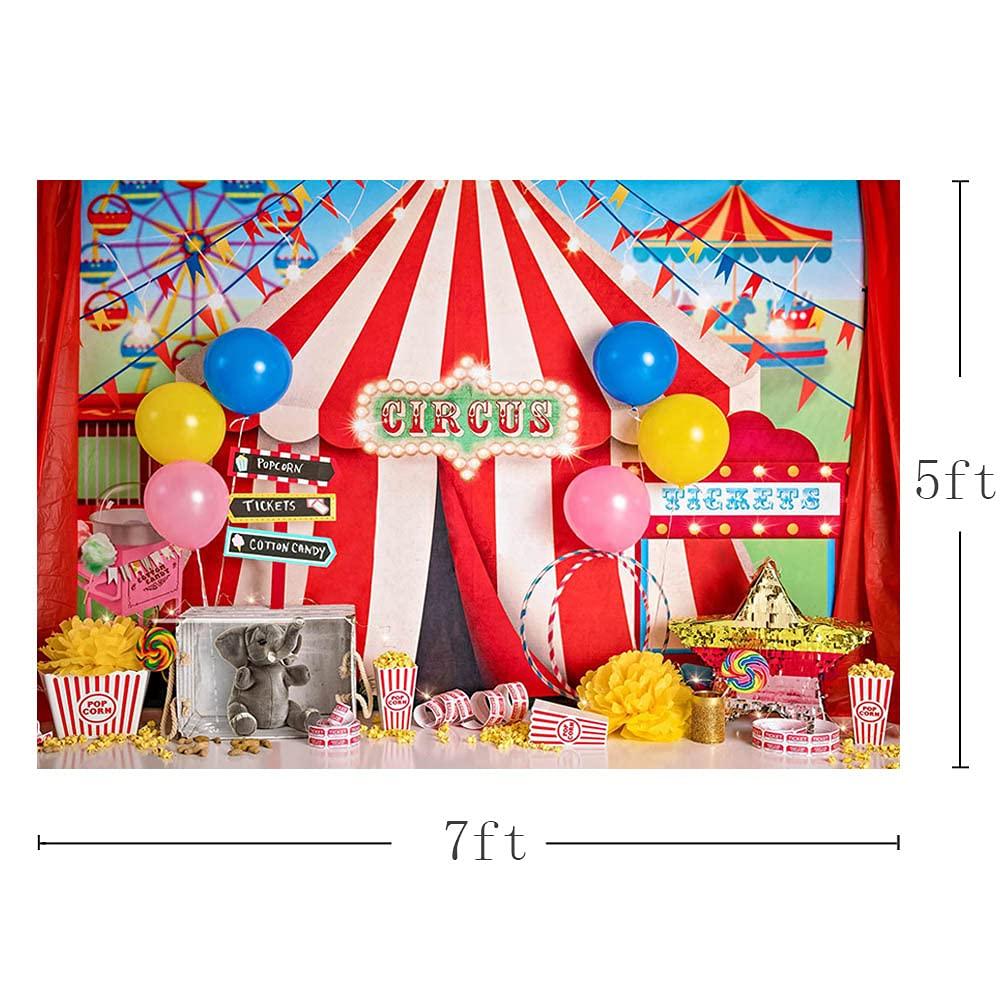 MEHOFOND 7x5ft Circus Carnival Photography Backdrop Stripes Tent Balloon Flag Birthday Party Background Banner Popcorn Tickets Cake Smash Decor Child Portrait Photo Studio Booth Props 2