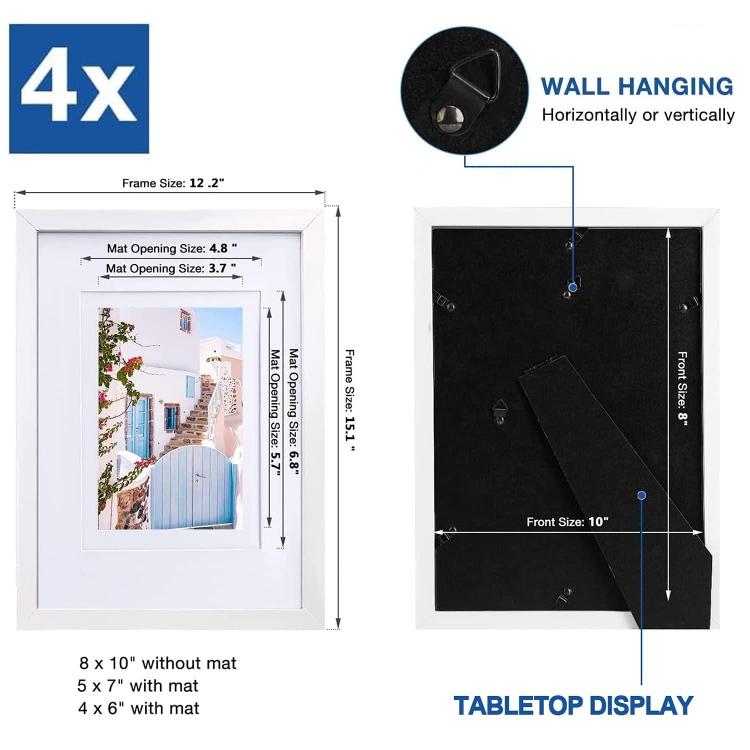 Hyppry White 8x10 Picture Frames Set of 4, Wall Mounting & Tabletop Photo Frame for Displaying 6x4 Inch or 7x5 Photos With Mat, Solid Wood 1