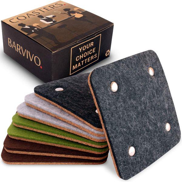 BARVIVO Coasters for Drinks Absorbent Set of 8 with Rivet - Perfect Classic Drink Coasters for Wooden Table Protection with Scratch Preventing Cork Side and an Instant Condensation Absorbing Felt Side