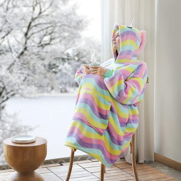 Queenshin Rainbow Unicorn Wearable Blanket Hoodie,Oversized Sherpa Comfy Sweatshirt for Adults Women Girls,Warm Cozy Kawaii Animal Hooded Body Blanket 4