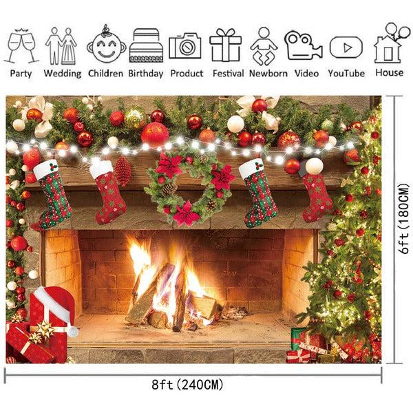 Christmas Fireplace Theme Photography Background Merry Christmas Socks Trees Family Party Decorations Photo Backdrop (8x6ft) 1