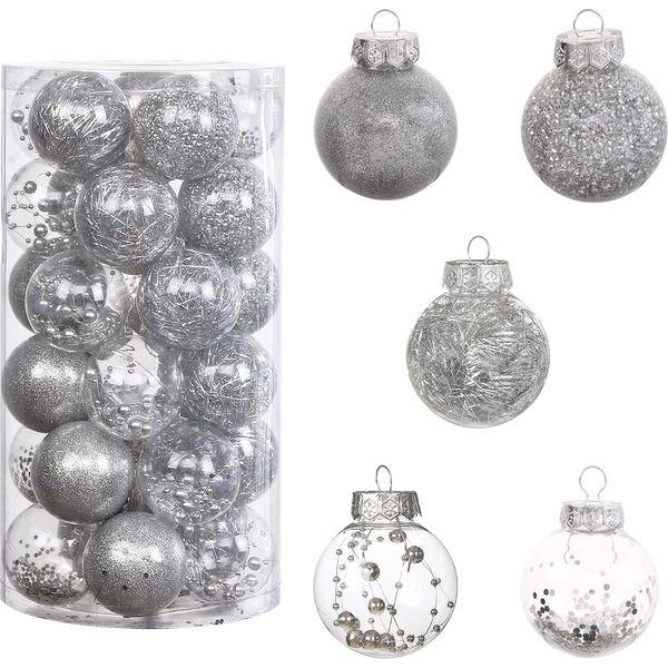 Christmas Tree Ornaments, ROSELEAF Shatterproof Clear Silver Christmas Baubles 30pcs 2.36inch 6cm Pet Christmas Ball Decorations for Party Wedding Christmas
