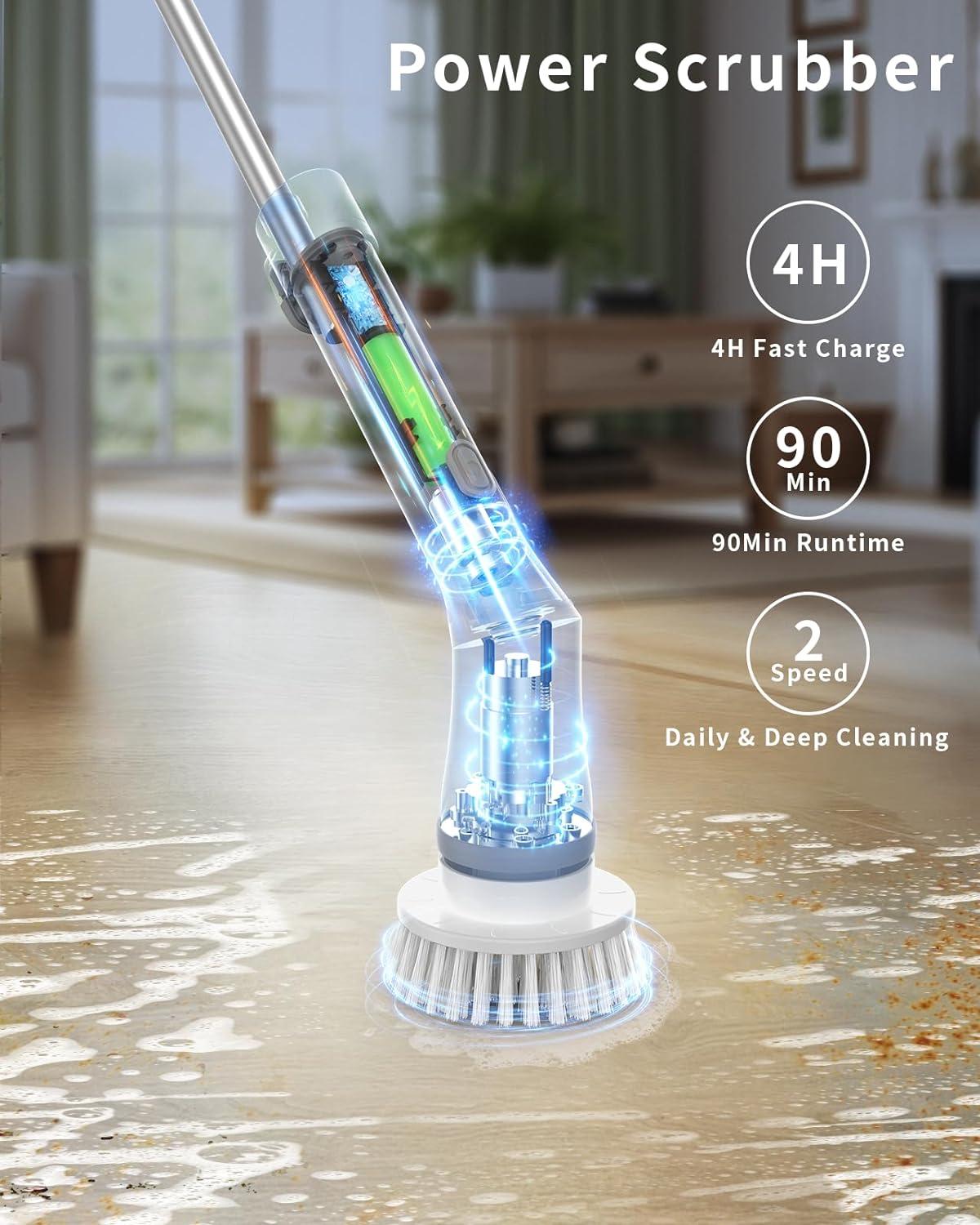 WISHOMEIN Cordless Electric Spin Scrubber: Power Shower Scrubber with Long Handle for Cleaning Bathroom, Dual Speed Electric Spin Brush, Cleaning Brush with 6 Brush Heads for Bathtub Tile Floor 3