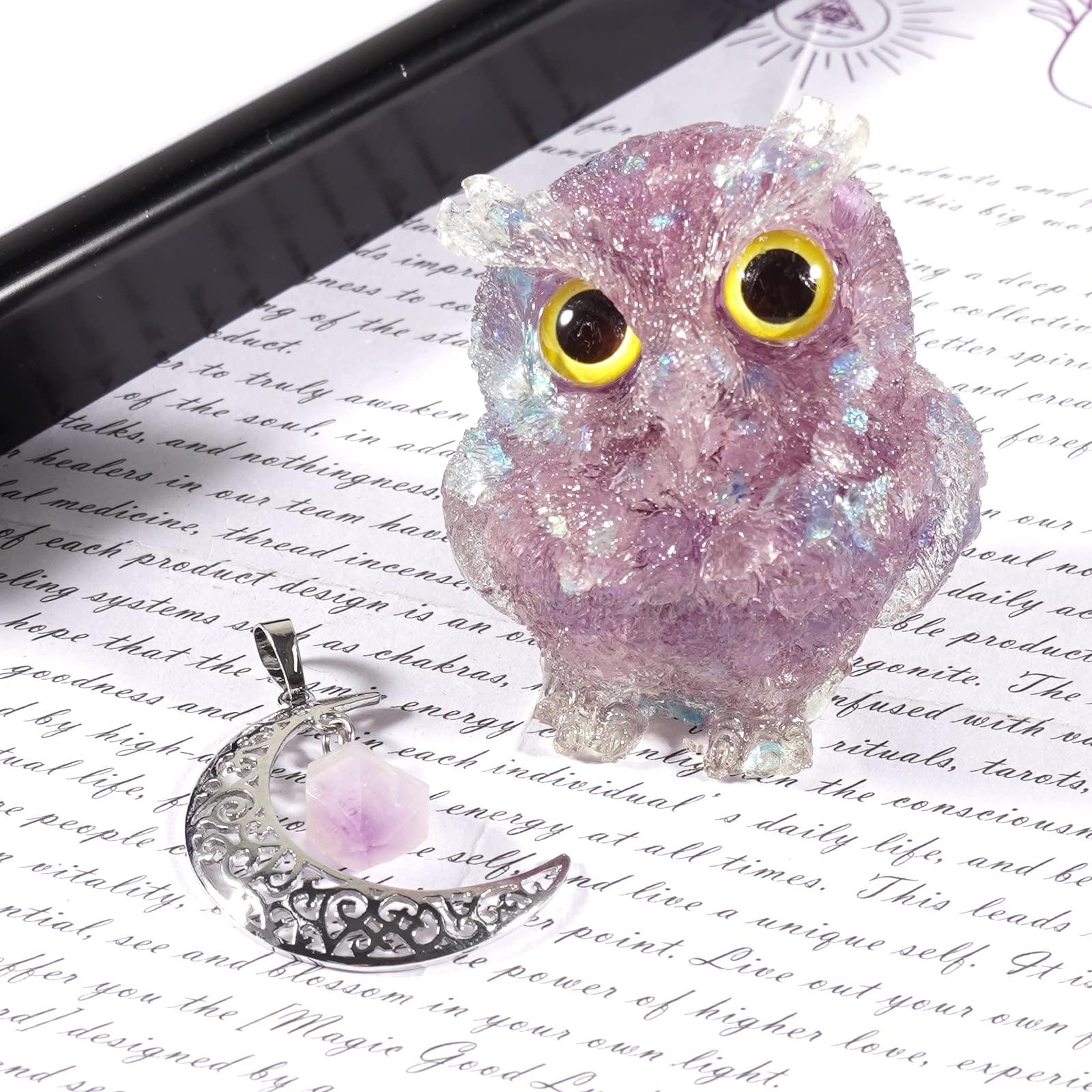 Soulnioi Gemstone Moon Necklace Antique Silver Plated Crystal Necklace Pendant, Crystal Owl Statue Ornament Resin Chip Stones Figurine for Home Office Decor (Amethyst) 1