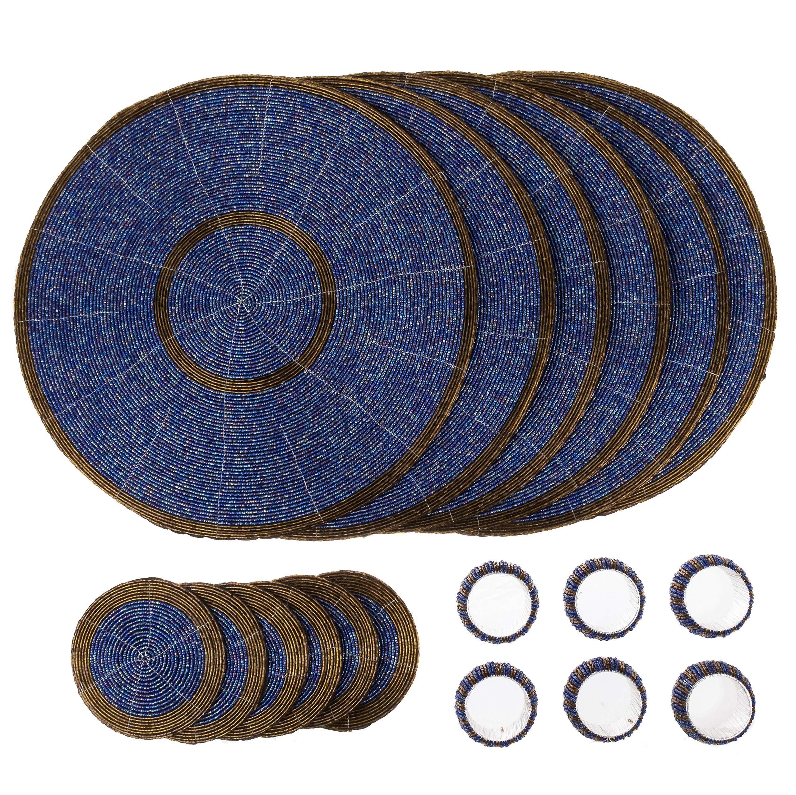 Penguin Home Handcrafted Glass Beaded Round Placemats, Coasters & Napkin Rings Set of 18 - Handmade Table Place Mats for Dining - 32 cm (13") Diameter (Blue and Antique)