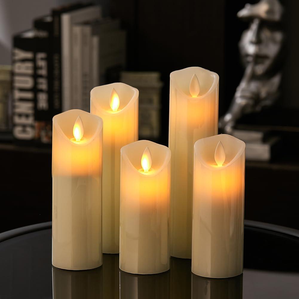 XEMQENER LED Candles, 5PCS Ivory Flameless Candles with Real Wax Candle Pillars, Battery Candles Flickering with Remote Timer Dimmer, Realistic Dancing Flame Fake Candles for Wedding Festival Decor 2