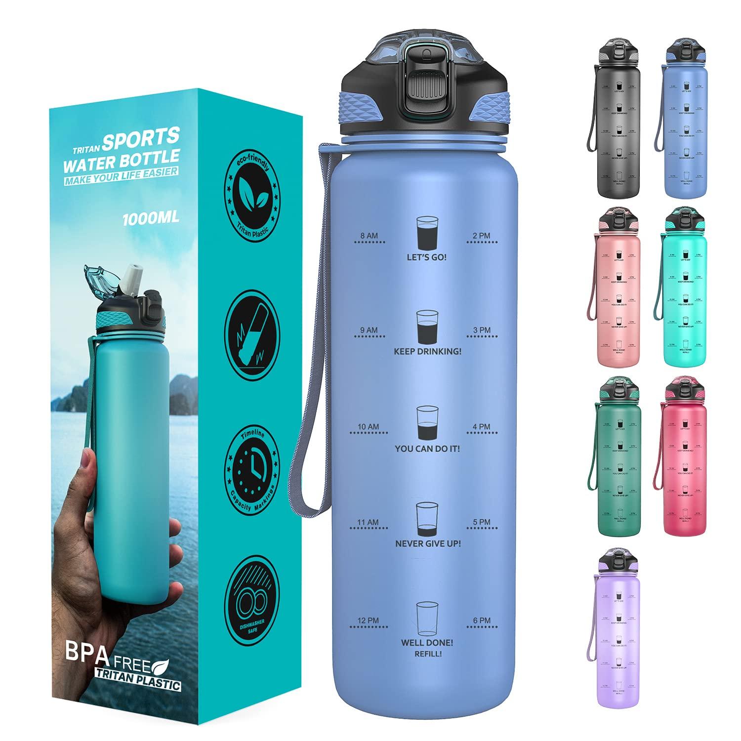 Taspire 1 Litre Time Marked Water Bottle with Straw, Leakproof BPA-free Tritan Water Bottle with Time Markings, Motivational Water Bottle with Times to Drink (Dark Blue) 5