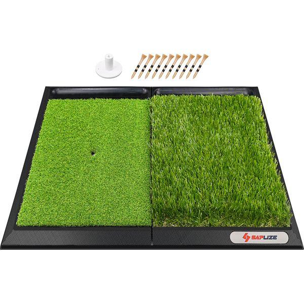 SAPLIZE 25" x 17" Golf Hitting Mat with Ball Tray, Heavy Rubber Base, Fairway & Rough Turf (Golf Tees and Rubber Tee Holder Included), Portable Golf Practice Mat for Indoor& Outdoor 0