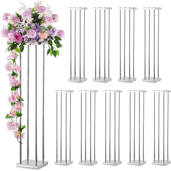 Sziqiqi 100cm Tall Flower Vases for Wedding Centerpieces Riser - 10 Pieces Silver Metal Flower Center Pieces for Road Leads Geometric Floor Flower Stand for Event Baptism Party Wedding Day Reception