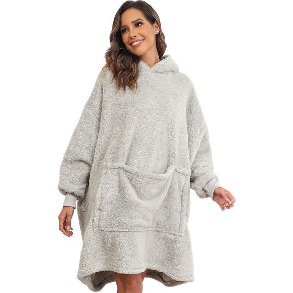 Yutdeng Oversized Blanket Hoodie Sherpa Fleece Wearable Hoodie Sweatshirt Blanket Super Soft Warm Sweatshirt with Giant Front Pocket Pullover Hoodie for Men Women and Teens,Light Grey
