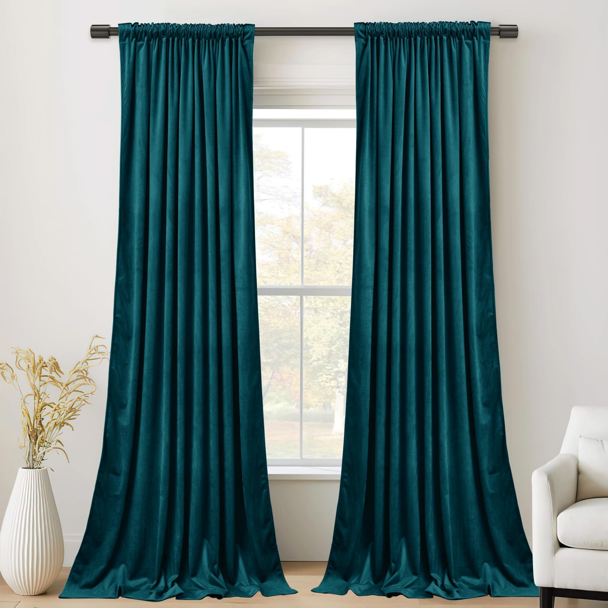 PONY DANCE Blackout Velvet Curtains - Thermal Blackout Curtains Pencil Pleat Drapes for Kids Bedroom 1 Pair of Luxury Elegant Home Decor Window, Rod Pocket Curtains 52x90, Peacock Blue 1