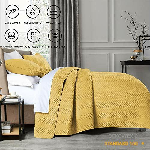 Bedspread Single Size Yellow, Classic Geometric Chevron Stitched Pattern, Pre-Washed Microfiber Ultra Soft Lightweight Bedspread Coverlet for All Season, 2 Piece Includes 1 Beadspread and 1 sham 4