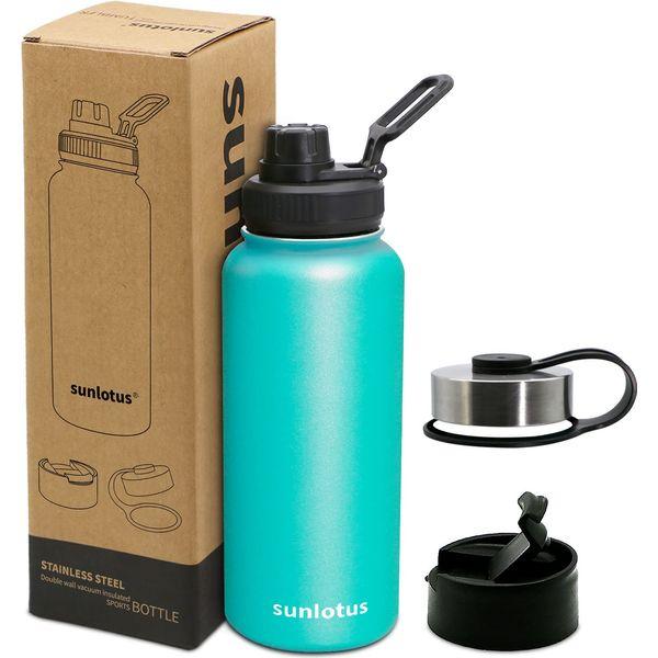 Sunlotus Metal Water Bottle Vacuum insluated Water Bottle Stainless Steel Drinks Bottle Keep Hot Cold Reusable Thermo for Gym Sports (Mint Green, 32oz) 0