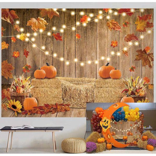 Fall Pumpkin Photography Backdrop Autumn Harvest Hay Glitter Wooden Background 8x6FT Maple Sunflowers Newborn Baby Shower Banner Party Decorations Photo Booth Props 0