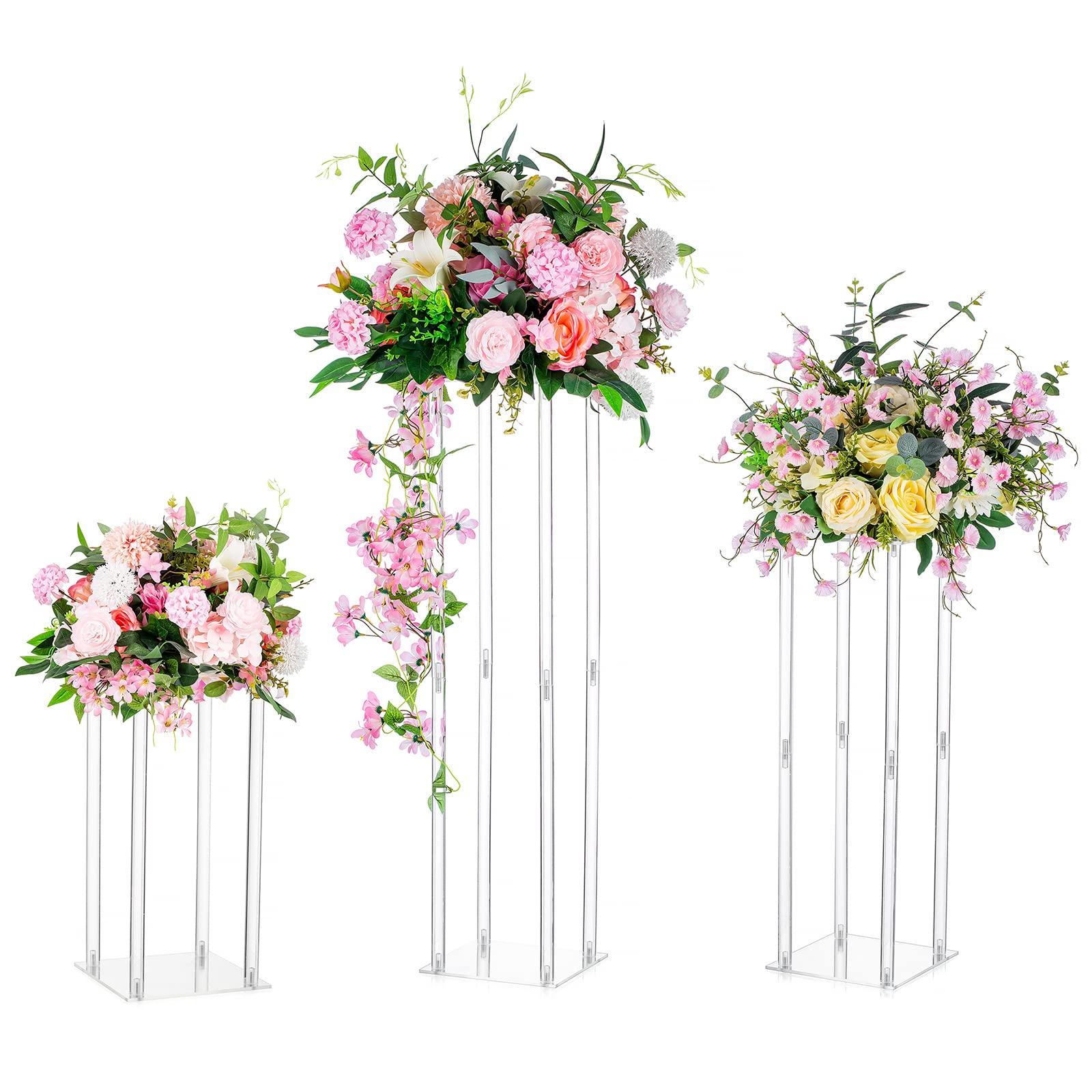 Nuptio Acrylic Vase Wedding Centrepieces - 3 Pcs Tall Clear Column Flower Vases for Weddings Birthday Party Centerpiece Decorations Table Geometric Display Stand for Home Decor(40cm/60cm/80cm)