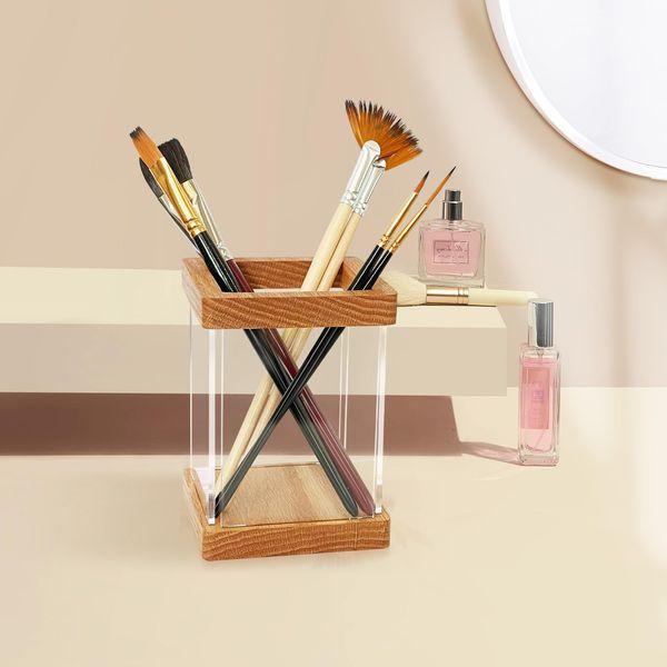KOLYMAX Pen Holder Wooden and Acrylic Pencil Holder for Desk Office Pen Organizer, Clear Acrylic Pencil Pen Holder Cup, Makeup Brush Holder Acrylic Desk Accessories 0