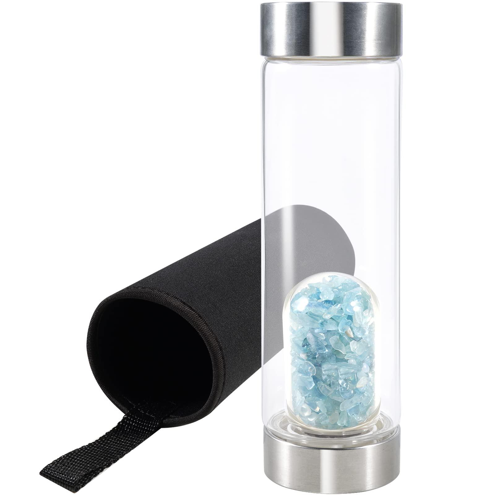 Soulnioi Crystal Glass Water Bottle Crystal, Drinking Flask Cylinder Glass Protective Cover with Crushed Stones Removable Portable Proof Leak Gemstone Bottle Creative Gift- Green/550ML 0