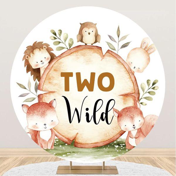 Renaiss 6.5ft Two Wild Jungle Animals Round Backdrop Polyester Photography Background Baby Shower Kids 2nd Birthday Party Decoration Cake Table Banner Photo Studio Props 0