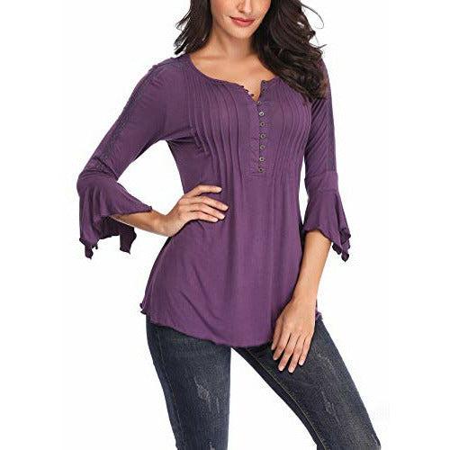 MISS MOLY Women's Henly Shirt Lace 3/4 Bell Sleeve Blouse Tunic Tops Elegant Purple X-Small 2