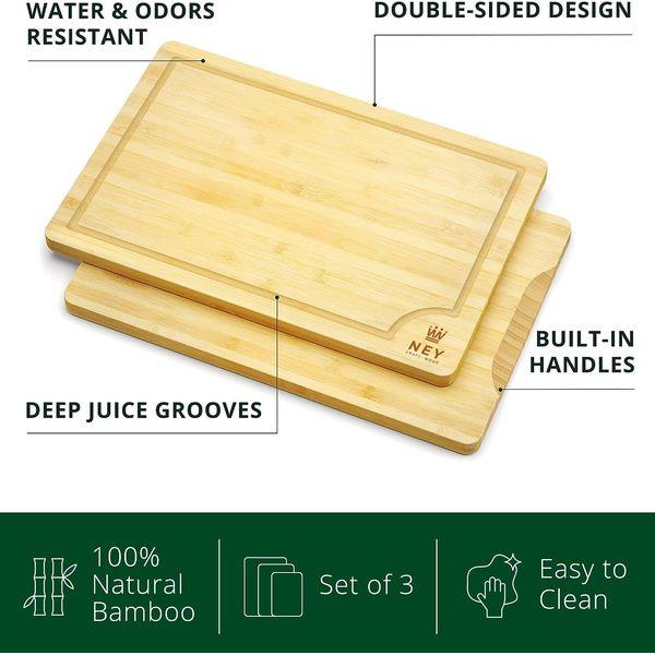 Chopping Boards for Kitchen - Bamboo Chopping Board Set of 3-Piece, Chopping Boards w/Juice Grooves, Thick Chopping Board for Meat, Veggies, Easy Grip Handle - Kitchen Gadgets Gift 2