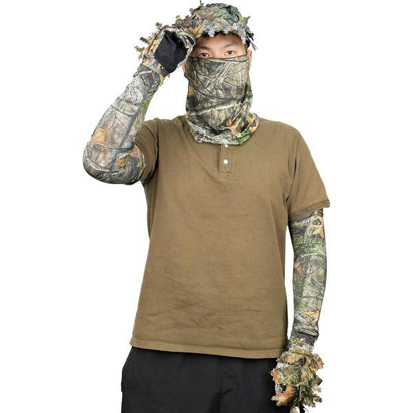 Tongcamo Hunting Face Mask Gaiter with Ghillie Hat, Camouflage Gloves Leafy, Arm Sleeves for Men Women Waterfowl Tree Camo Duck Turkey Hunting Blinds, 6 Pieces Hunting Accessories 2