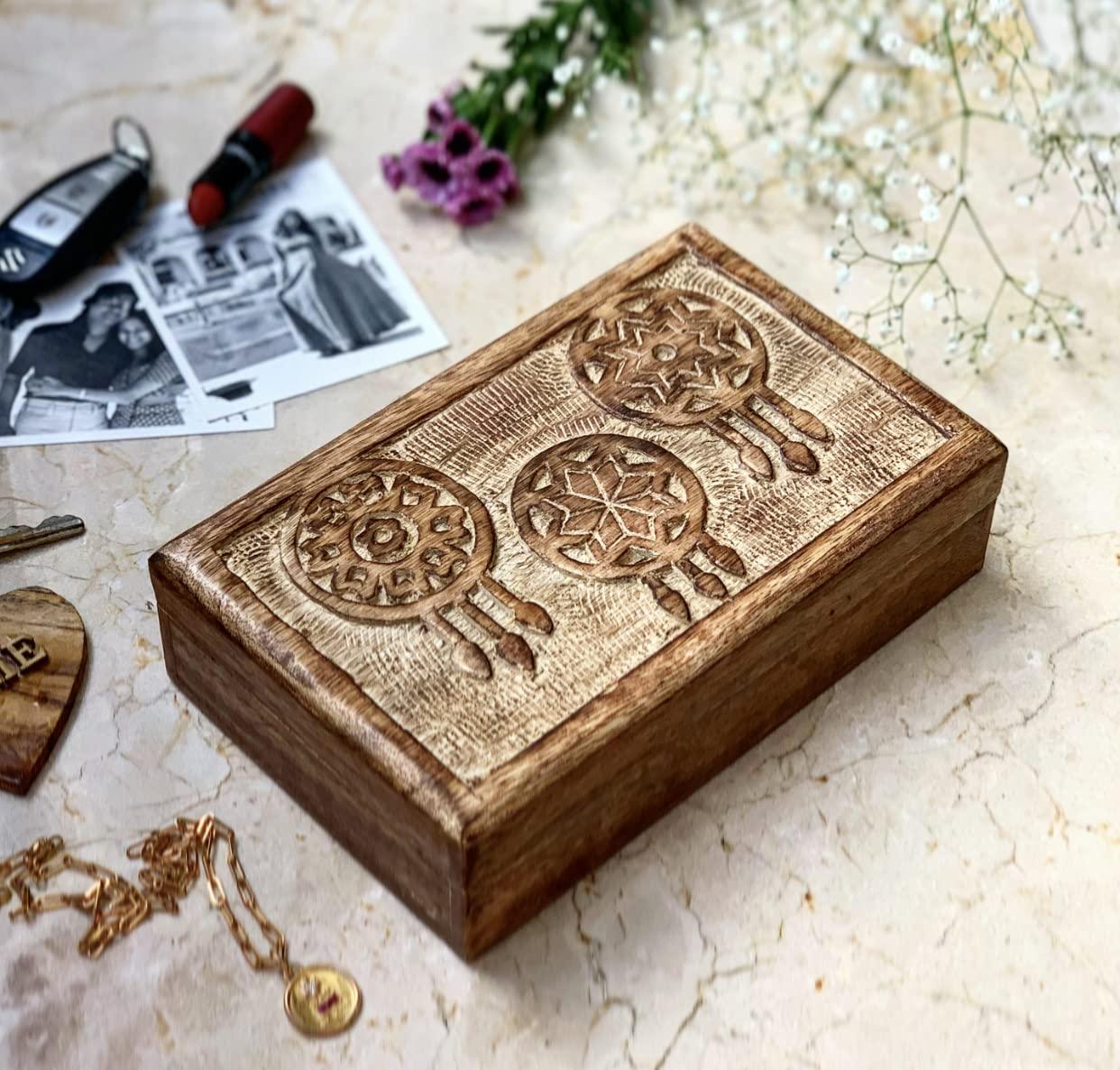 Great Birthday Gift Handmade Decorative Wooden Jewellery Box With Dream Catcher Carvings Jewellery Organizer Keepsake Box Treasure Chest Trinket Holder Watch Box Storage Lock Box 20.32 x 12.7 cms 1