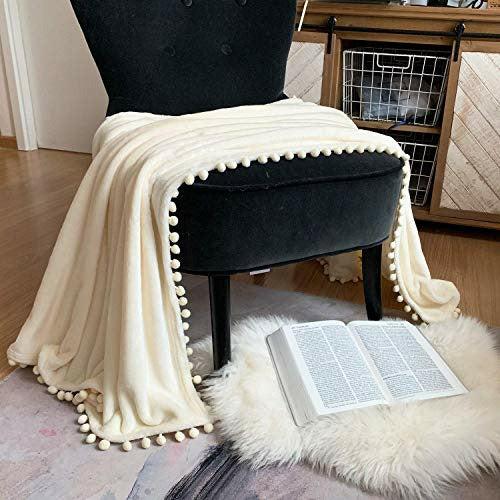 LOMAO Pom Pom Throw Blanket , Soft Fleece Pompom Fringe Blanket for Couch Bed Sofa | Decorative Cozy Plush Warm Flannel Velvet Tassel Flannel Blanket (Creamy, 230*230) 1