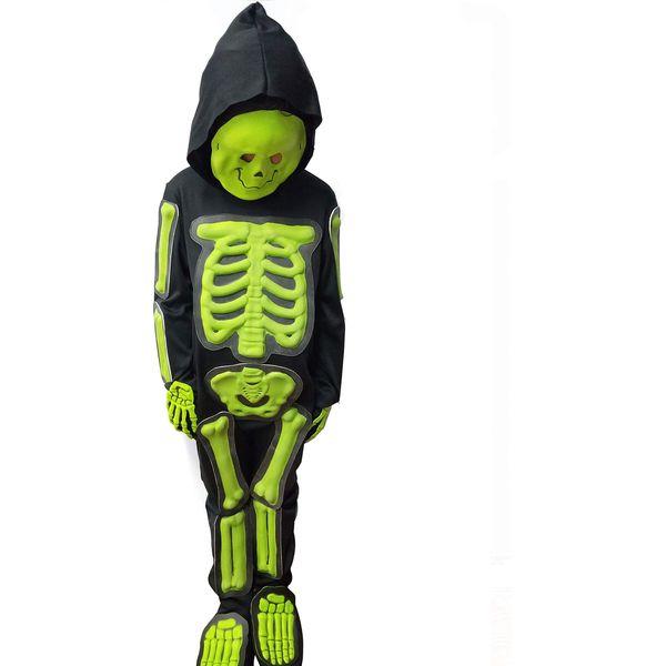 IKALI Kids Halloween Skeleton Costume, 3D Glow in the Dark Bone Jumpsuit 4pcs For Age 4-6 Years 2
