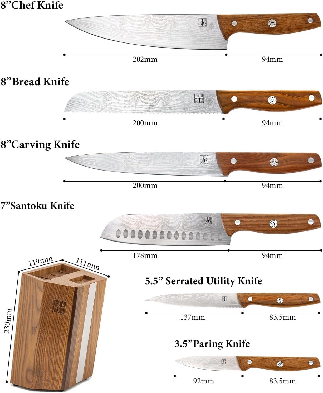 Knife Set with Block, 7 Pieces Knife Block Set, EUNA Kitchen Knives with Wooden Handle, Stainless Steel 6 Knives，(Paring, Utility, Carving, Bread, Chef Knife，Santoku) &Universal Wooden Knife Holder 1