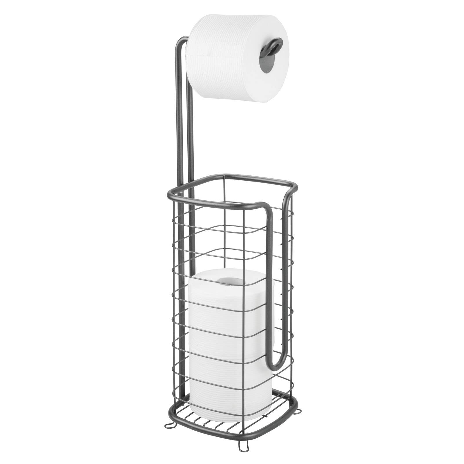 mDesign Free Standing Toilet Roll Holder - Toilet Paper Holder for the Bathroom - Loo Roll Holder with Storage Space for Extra Rolls - Dark Grey