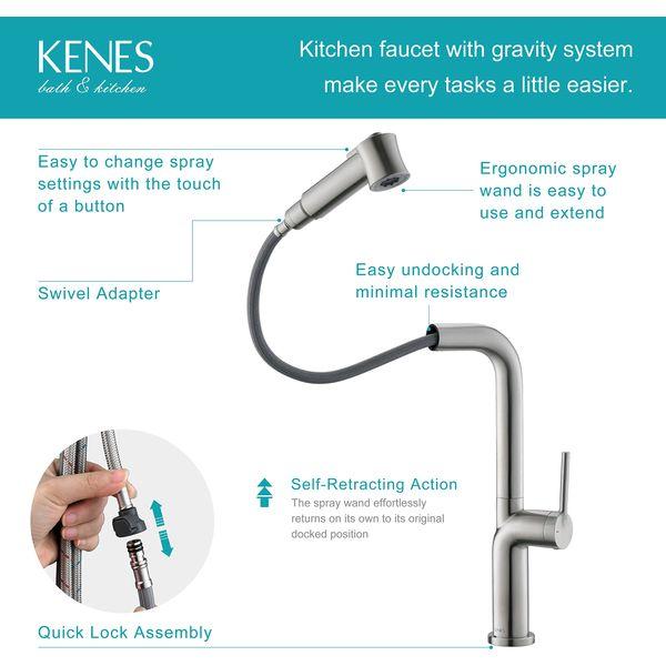 KENES Kitchen Sink Mixer Tap with Pull Out Sprayer, Single Lever Single Hole Kitchen Taps with Dual Function Sprayer, Brushed Nickel KE-8060 3