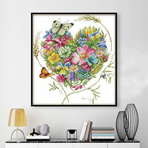nuoshen Counted Cross Stitch Kits, DIY Needlecrafts Handmade Embroidery Kit, Butterflies Love Heart Shaped Flower withDMC Fabric DIY Hand Needlework kit, Perfect Valentine's Day Gift 1