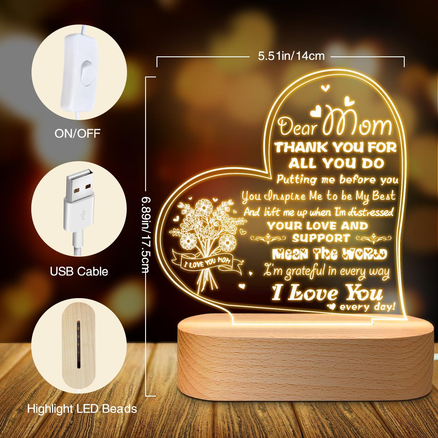 Mother's Day Gifts for Mom, Mom's Birthday Gifts 3D Night Light- I Love You MOM, Creative 3D Light Decor Mom Gifts for Christmas, Mother's Day, Birthday, Thanksgiving 1