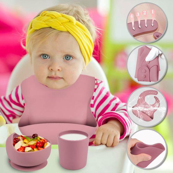 Hoseay Baby Weaning Set, 6 Pcs Silicone Baby Feeding Set with Suction Bowl Plate Fork Spoon Cup Bib Baby Led Weaning Feeding Supplies for Toddlers Babies Kids, Pink Elephant 3