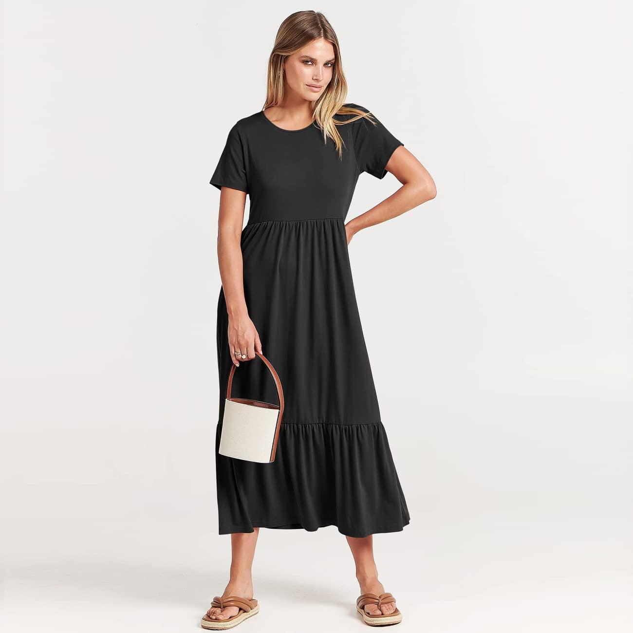 KOEMCY Women's Casual Dress Summer Midi Maxi Dress Short Sleeve Round Neck Dresses High Waist Tiered A Line Beach Dresses Sun Dress Swing Dress with Pockets (Black,S) 1