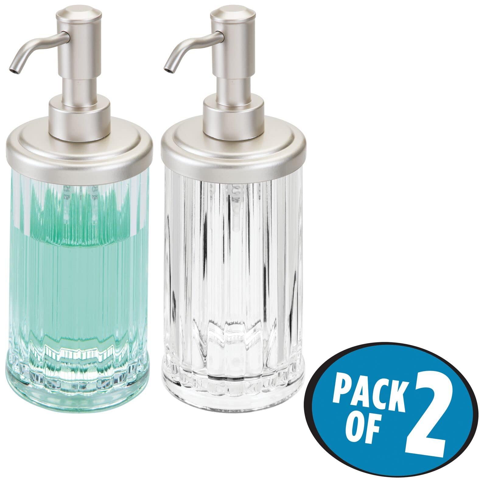 mDesign Liquid Soap Dispenser Bottles - Set of 2 - Tall, Plastic Refillable Soap Pumps - Soap and Lotion Dispenser Set with 385 Ml Capacity - Clear/Matte Silver 1