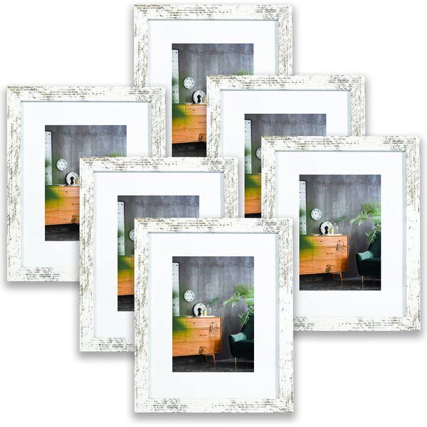 LOKCASA 8x10 Photo Frames Set of 6,Matted For 5x7 or Display 8x10 without Mount,Tabletop or Wall Mount,Distressed Brown