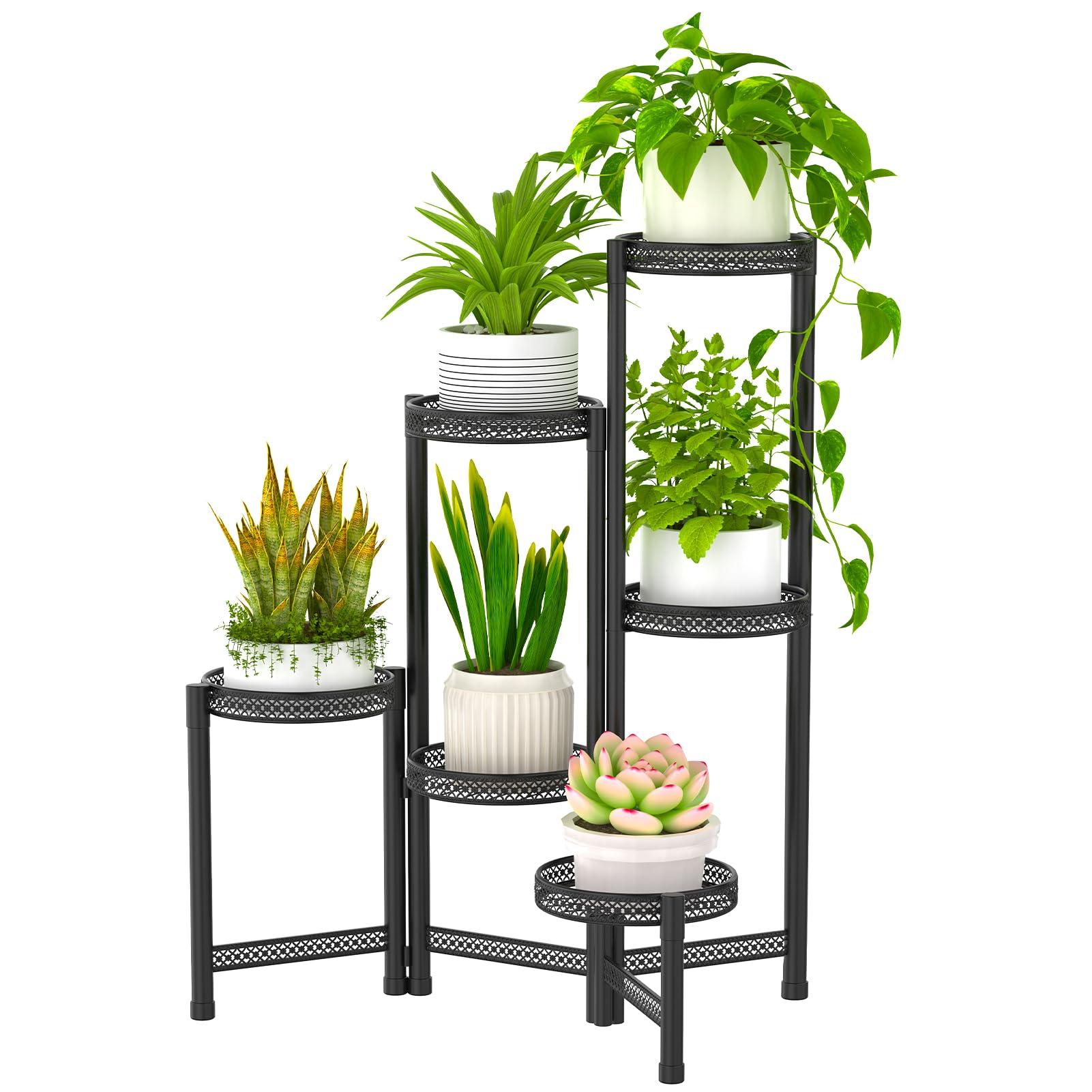 Msoesticc.dl 6 Tier Metal Plant Stand Tall Indoor Outdoor, Foldable Corner Plant Shelf for Multiple Plants, Tiered Flower Pot Stand Display Rack for Corner Balcony Garden Patio Living Room(Black)