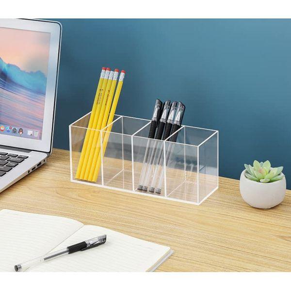 Catekro Acrylic Desk Organizer, Transparent Storage Box Four-Grid Classification Sorting Pen Holder Hand-Held Display Stand Makeup Brush Lipstick Desktop Storage 3