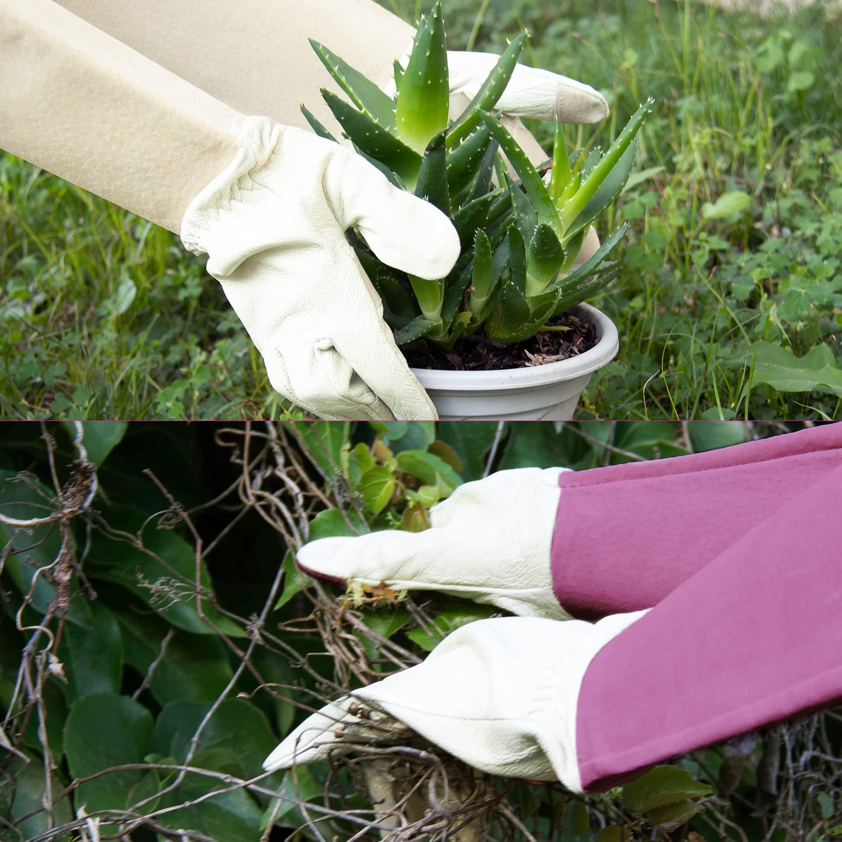 AIGEVTURE Rose Pruning Gloves Long Sleeve Thorn Proof,Rose Gardening Gloves for Men Women Long Gauntlet,Grain Pigskin Leather Pink(Large) 2