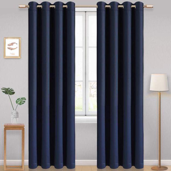 AONBAT 2 Panels Set Blackout Eyelet Curtains Super Soft Thermal Insulated Window Treatment Drapes for Bedroom Living Room Nursery, Navy Blue W66 x L90 Inch