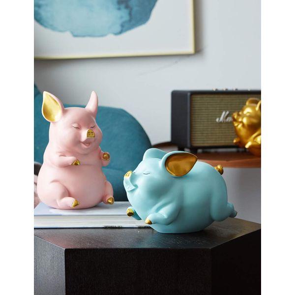 Amoy-Art Piggy Bank Coin Bank Pig Gifts Figurine Animal Decor Polyresin Arts Blue 21cm 3