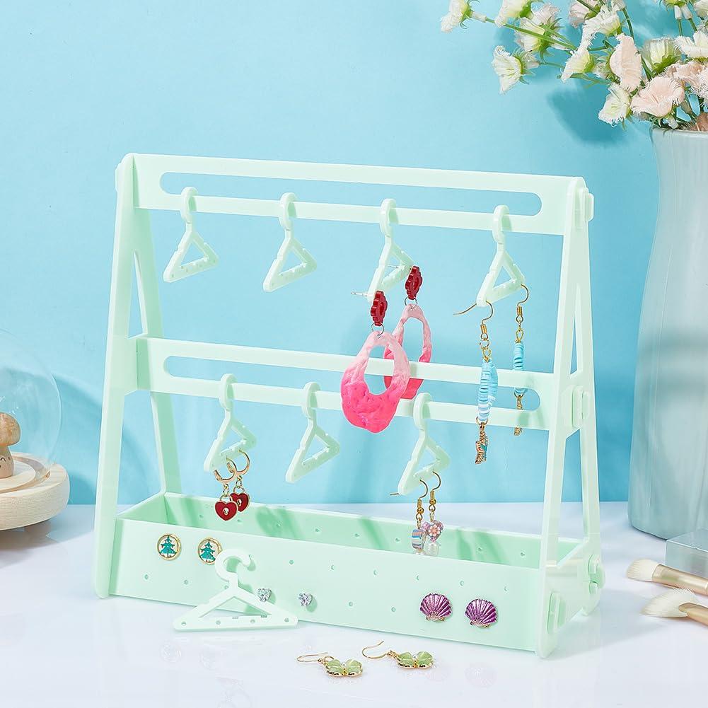 PH PandaHall 68 Holes Earring Organizer with Mini Hangers 2-Tiers Coat Hanger Earring Display Stands for Selling Earring Hanging Acrylic Ear Studs Display Rack for Retail Show Exhibition Green 4