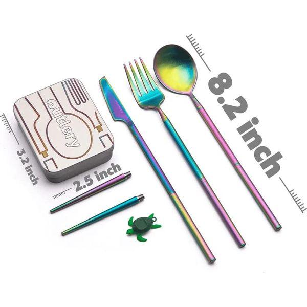 Outlery Full Set | Portable & Reusable Stainless Steel Travel Cutlery Set and Reusable Chopsticks with Case for Camping, Picnic, Office and On-The-Go (Pocket Sized Flatware Set) (Rainbow) 2