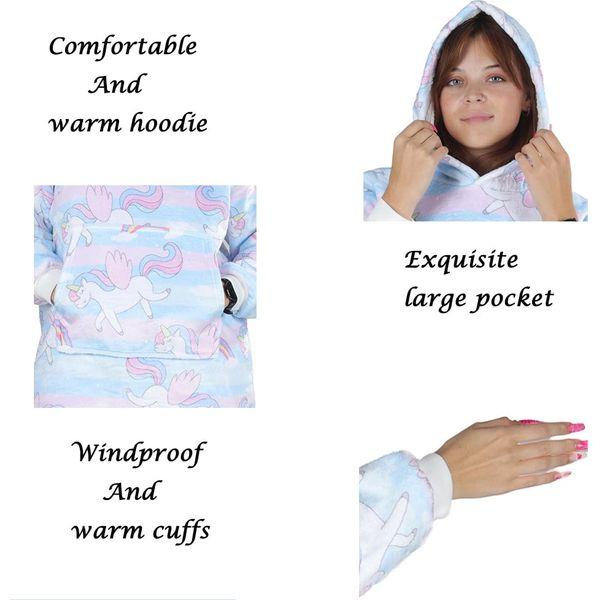 Queenshin Unicorn Wearable Blanket Hoodie,Oversized Sherpa Comfy Sweatshirt for Kids Teens Girls 7-16 Years,Warm Cozy Animal Hooded Body Blanket Pink 4
