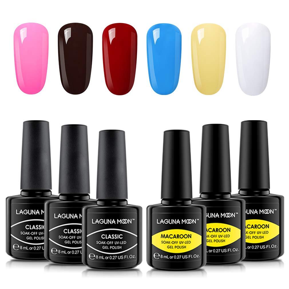 LagunaMoon Gel Nail Polish Set - 6 Colours Pink Brown Red Blue Yellow White High-Shine Kit Nail Gel Polish for Salon Quality DIY Manicure - UV LED Soak Off Lacquer Kit Varnish Manicure & Pedicure