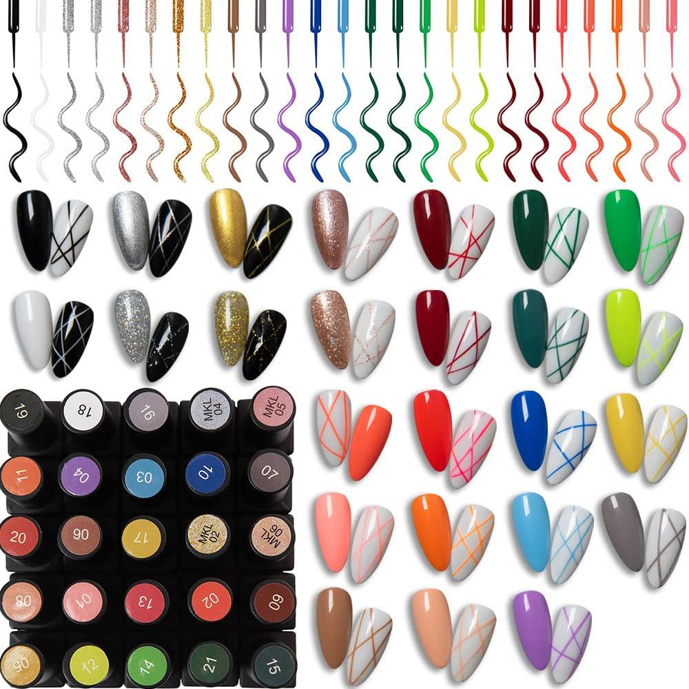 25pcs Liner Pen Gel Nail Polish Kit, Painting Drawing UV Led Gel Polish Set, DIY 3D Gel Nail Paint Nail Gel Polish Pull Line Pen Tool for Nail Manicure Rosa Gold Silver Black Red Green White Nude 0